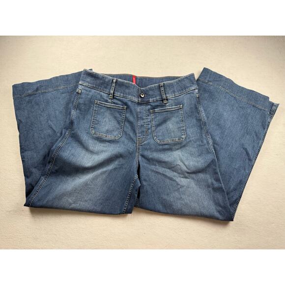 Spanx Women Jeans 1X Blue EUC Wide Leg Patch Pockets - Picture 1 of 13